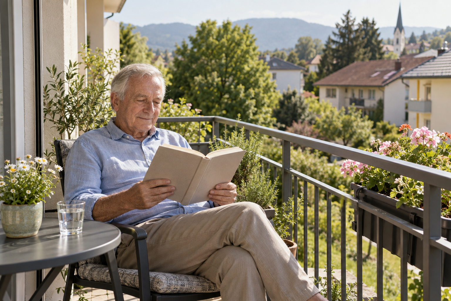Ein älterer Mann liest auf dem Balkon seiner eigenen Wohnung